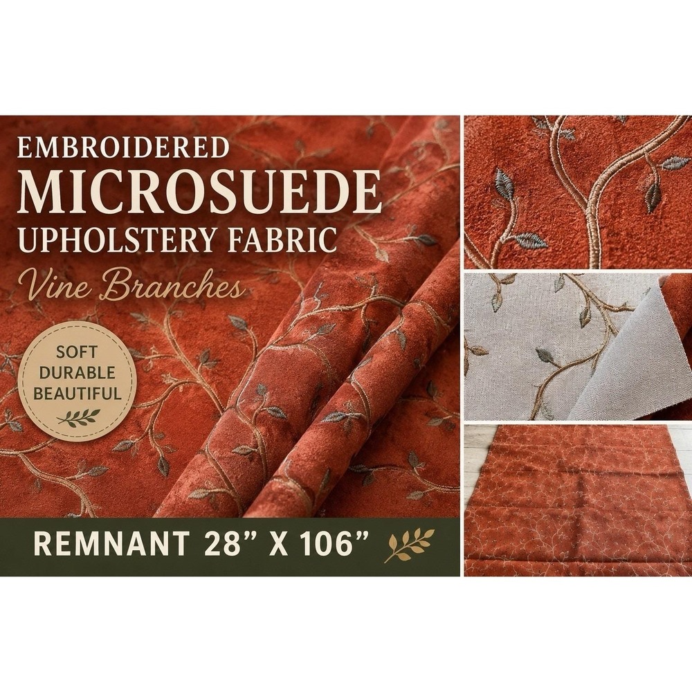 Embroidered Microsuede Upholstery Fabric Remnant Vine Branches 28x106 Rust